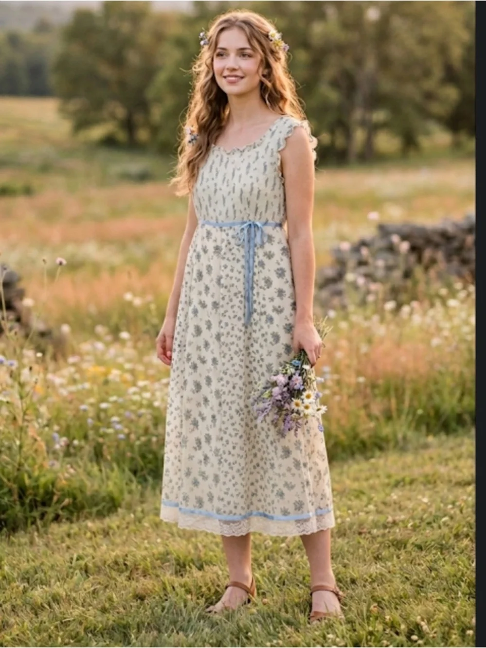 Vintage Canlemon Floral Midi Dress Cottagecore Lace Trim Blue White  - Size L